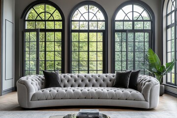 Grey curved tufted sofa placed in a luxury room with arched windows. Hollywood glam home interior design for a modern living room, Generative AI