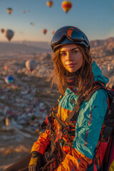 A young long-haired girl in a helmet and sports clothes against the background of flying balloons in a mountain valley during sunset. Active recreation and travel