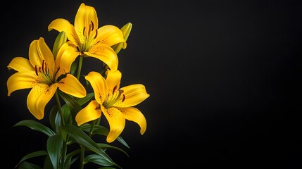 Fototapeta premium Vibrant Yellow Lilies Dark Background Floral Photography
