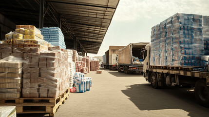 Warehouse logistics in action with trucks loading and unloading goods during daytime in a busy distribution center
