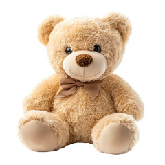 Obraz premium Soft teddy bear with brown accents sitting on a bright Transparent background, Teddy bear isolated on PNG background