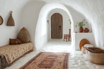 White stucco walls with an arched doorway in a farmhouse hallway. Rustic style interior design of a boho entrance hall in a country house, Generative AI