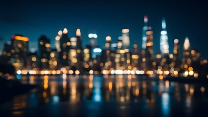 New york city skyline at night blurred bokeh lights reflecting in water background image