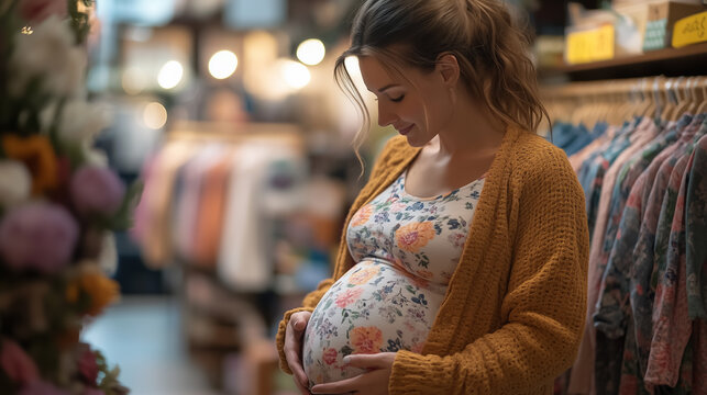 Expecting a new arrival, a pregnant woman gently cradles her baby bump in a cozy boutique filled with colorful clothing and soft lighting - Powered by Adobe
