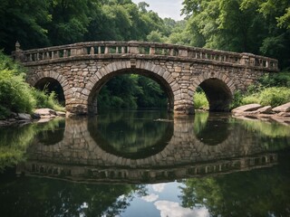 Fototapeta premium Old stone bridge crossing a calm river, lush greenery, reflection in water, daylight