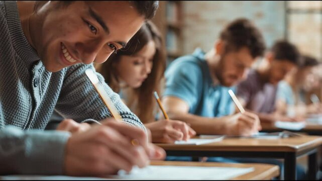 Exam at school with student's taking educational admission test in class, thinking hard, writing answer in university classroom, education and world literacy day concept
