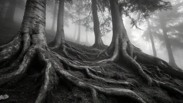 Monochromatic image of exposed tree roots on a misty hillside