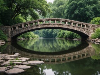 Old stone bridge crossing a calm river, lush greenery, reflection in water, daylight