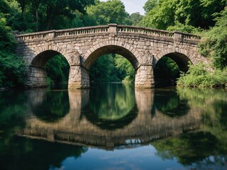 Fototapeta premium Old stone bridge crossing a calm river, lush greenery, reflection in water, daylight