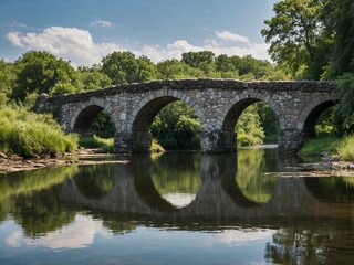 Fototapeta premium Old stone bridge crossing a calm river, lush greenery, reflection in water, daylight