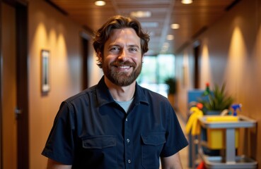 Fototapeta premium A smiling man with a beard stands in a modern indoor setting with warm lighting and wooden accents