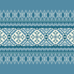  A tribal-style horizontal pattern with feather-like borders and diamond motifs in bold blue tones, ideal for textile and craft designs.