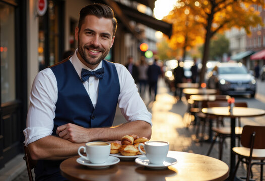 Smiling man in formal attire enjoying coffee and pastries at an outdoor cafe