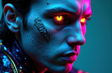 Futuristic woman with glowing yellow eyes and vibrant neon makeup in a sci-fi setting