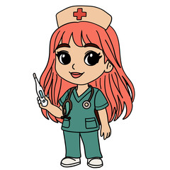 Cute cartoon nurse character with stethoscope and thermometer – healthcare vector
