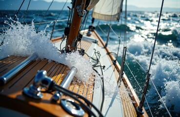 Sailing boat cuts through ocean waves on a sunny day, creating splash and motion at sea