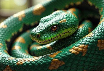 Fototapeta premium Close-up of a vibrant green snake with orange markings coiled on a natural background