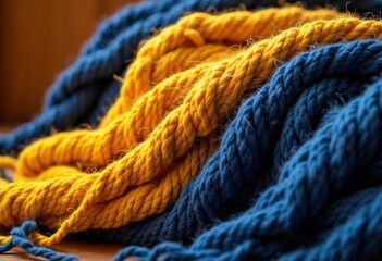 Colorful intertwined ropes in blue and yellow create a vibrant textured pattern