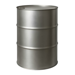 A single metallic silver industrial barrel with three raised bands isolated on transparent background
