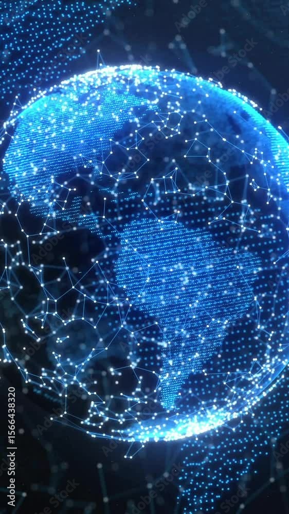 Poster rotating digital globe with interconnected nodes and lines, global network animation