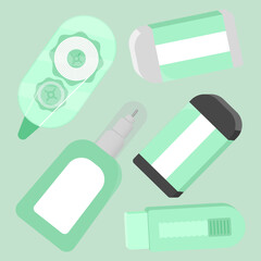 A pastel green-themed eraser tools set including tapes, pens, erasers, and sliders. Modern flat design.