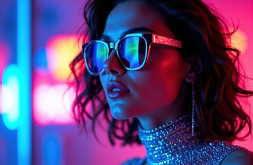 Stylish woman wearing sunglasses illuminated by vibrant neon lights in a colorful urban setting