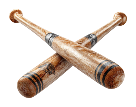 Baseball bats displayed on a wooden sports equipment artistic angle