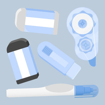 Pastel blue erasing tools collection including correction tapes, pens, and erasers. Soft vector with subtle light.