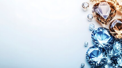 Brilliant Blue and Brown Diamonds Scattered on White Background