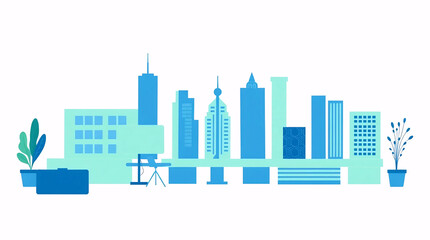 futuristic blue and green city skyline with high-rise buildings and digital business concept