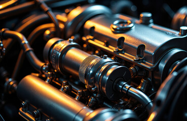 Fototapeta premium Close-up of a mechanical engine component with metallic pipes and fittings, illuminated by warm lighting highlighting the industrial details