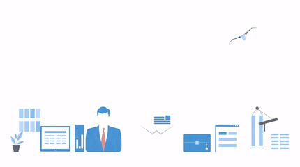creative digital workspace with abstract office elements and business icons in vibrant colors