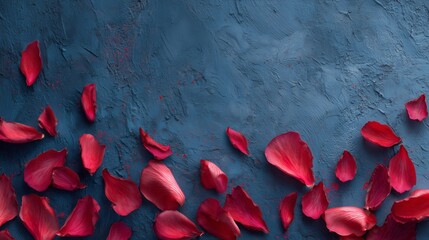 Red petals scattered on a dark blue background