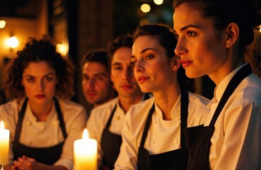 Women chefs listening attentively during a candlelit culinary class or event in a warm, inviting atmosphere