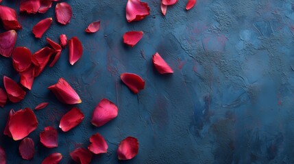 Red petals scattered on a dark blue background