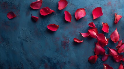 Red petals scattered on a dark blue background