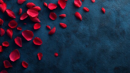 Red petals scattered on a dark blue background