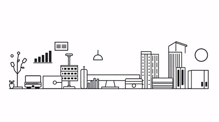 minimalist line art cityscape with urban skyline and business district in flat style