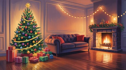 Cozy Christmas Scene: Decorated Tree, Fireplace, Gifts, and Festive Ambiance