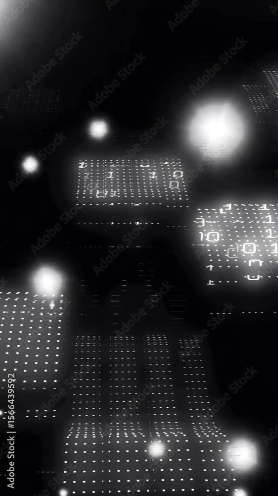 Poster digital data processing animation over glowing circuit boards in dark background