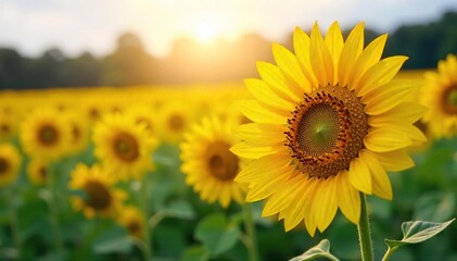 Fototapeta premium Golden Sunflowers Basking in Summer Sun A Vibrant Field Stretching to the Horizon