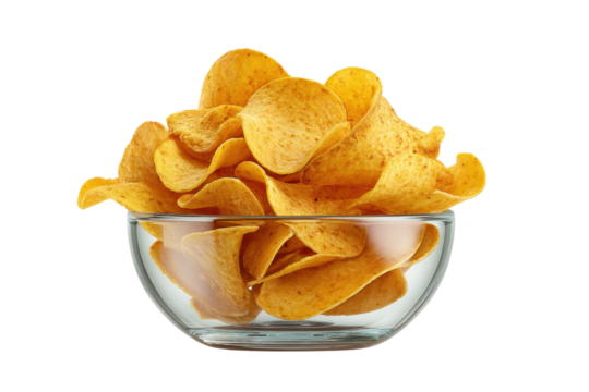 PNG Crispy potato chips in clear glass bowl on black background