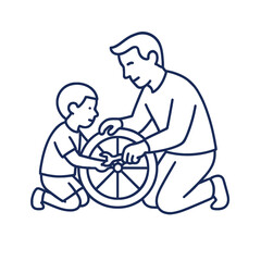 A father and son work together, depicted in a simple line art style, assembling a bicycle wheel, symbolizing bonding and shared learning experiences in a clean, white environment.
