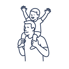 A minimalist line drawing depicts a father carrying his young son on his shoulders, both smiling and enjoying a joyful moment of family bonding and connection.