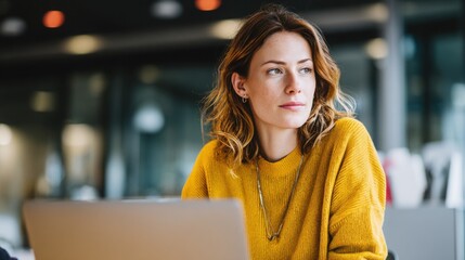 Medium shot of a woman in a casual yellow top looking attentively at her laptop screen, her hands on the keyboard, in a contemporary open-plan office setting.