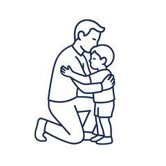 A heartwarming minimalist line art illustration depicts a loving father embracing his young child, symbolizing family bonding and parental care.