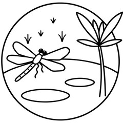 Dragonfly near pond line art vector illustration 