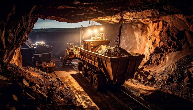 Kereta tambang industri yang mengangkut bahan mentah di dalam terowongan bawah tanah.