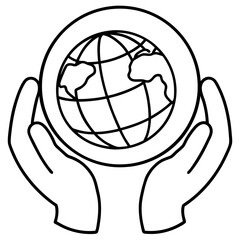 Hands holding world line art vector illustration