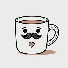 Delightful cartoon white mug adorned with a dapper mustache and a sweet heart, brimming with a cozy warm drink.